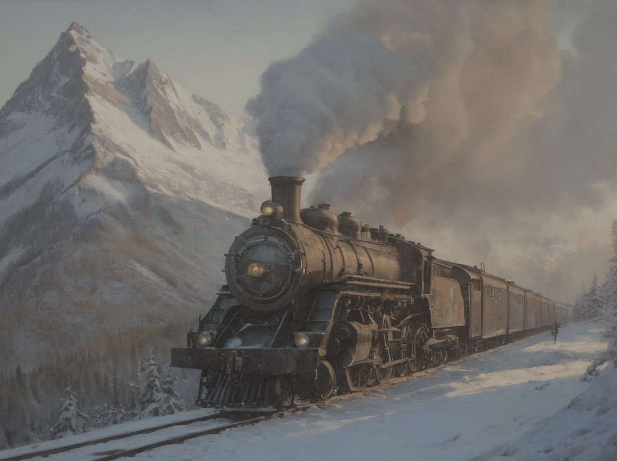 A majestic oil on canvas masterpiece depicting an early 19th century steam locomotive chugging along the snowy mountainside at dusk. Muted colors of muted greens and grays dominate the scene as the locomotive's smoke billows into the atmosphere, shrouding the majestic peaks in a mystical haze. Snow-covered trees and buildings dot the landscape, while the locomotive's wheels leave a trail of motion blur on the frozen terrain. Brilliant illumination casts long shadows, accentuating the train's dramatic pose amidst the volumetric snowy mountainscape. Hyper-realistic details abound, transporting the viewer to a bygone era of steam-powered adventure.