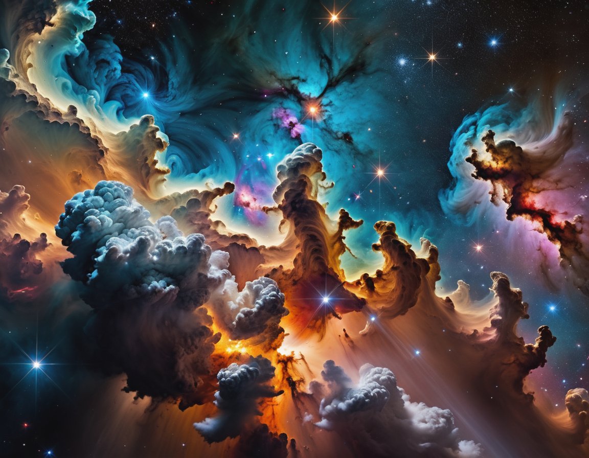 Hyperrealistic, masterpiece, brilliant image of Deep Space, cosmic clouds, galaxys,  nebulas, Ultra-high resolution and high contrast,  muted highlights, 12k, insane details, brilliant composition