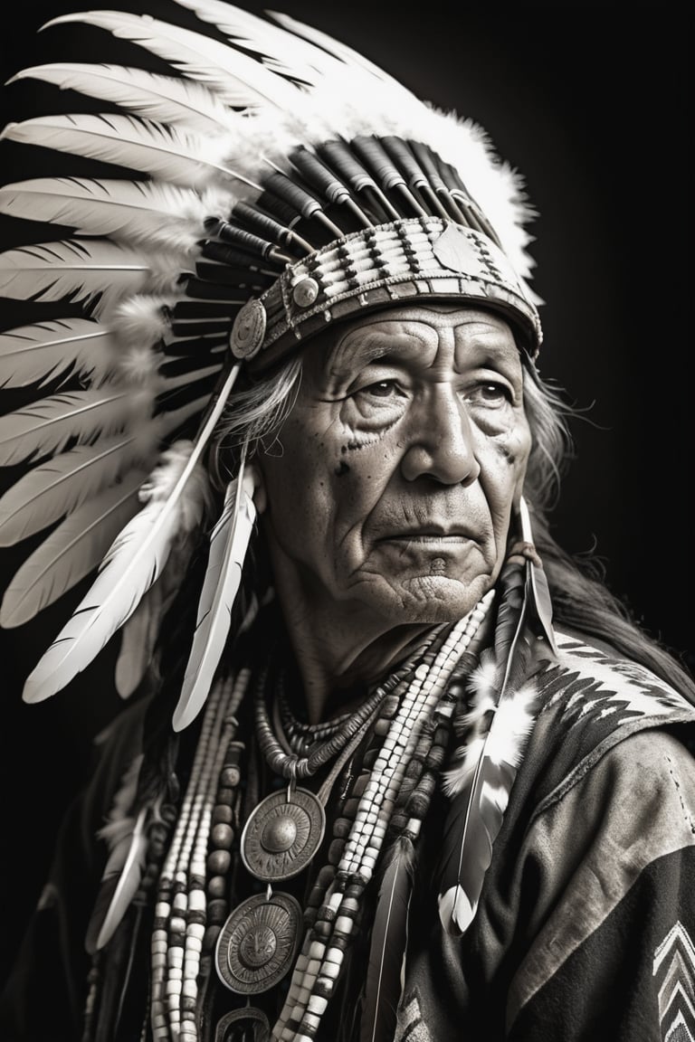 Photorealistic, (Rembrandt style), (dramatic shadows), (grayscale) portrait of a native american old man, face, bold black outlines, extreme detailed clothes and accesories, war helmet with eagle feathers, dark shot, monochromatic, haunting, defeated, highly detailed, Indigenous, ethnic, native american, backlighting, traditional patterns, extreme background, bold, looking away,high contrast, (muted highlights), (extreme detailed eyes and face), highly detailed, 8k, insane details, (brilliant composition)