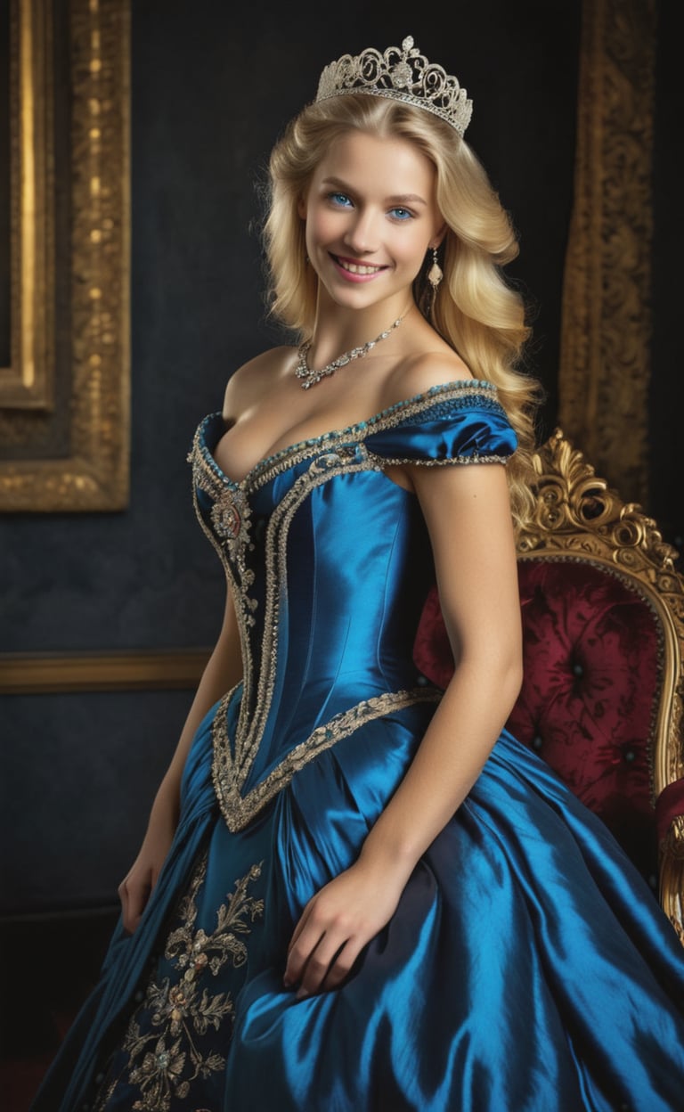 (upper body), (Rembrandt style), professional colorful photo of a gorgeous 18 years old princess, perfect face, very long blond hair, cleavage, dark shot, dramatic, extremely detailed, intricate, elegant, donning an elegant and  sophisticated Victorian dress with intricate details, a wide neckline and bare shoulders,, very detailed, detailed tiara with diamonds, tight waist, (elegant shoes), mysteryous seductive smile, cinematic lighting,high contrast, dramatic shadows, dark shot, (vibrant colors), extremely detailed  8k , hyperrealistic, high definition,  cinematic, UHD, HDR, 32k, ultra hd, realistic, photorealistic, highly detailed, (perfect composition), beautiful detailed, (full body in frame), insane details (finely detailed beautiful blue eyes and detailed face), (brilliant composition)