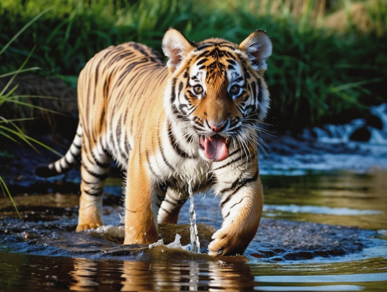 RAW photo, (eye contact), (low angle), dynamic angle, tiger pup, drinking water from river, its tongue in the water, water splash, , in a clearing,, a gorgeous firest in background, very sharp, cinematic lights, full body in frame, macro shot, dark shot, deep darks, deep of field, amazing natural lighting, intricate design, 32k, ultra hd, realistic, highly detailed,  best quality, cinematic lighting, photorealistic, hyperrealistic, high definition, extremely detailed, insane details (finely detailed beautiful eyes and detailed face), (brilliant composition), 