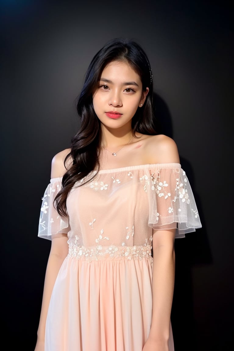 beautiful girl 20 years old, (Zee_JKT48, zeeJKT48), (cowboy shot), pale skin, (solid dark background:1.4), looking at viewer, (realistic:1.9), slender body,(detailed skin, detailed clothing, detailed texture:1.4), wearing a ((off-the-shoulder A-line dress in a sweet peach tone, accented with floral appliqués and a tulle overlay)), Raw Photo, (high quality:1.4)