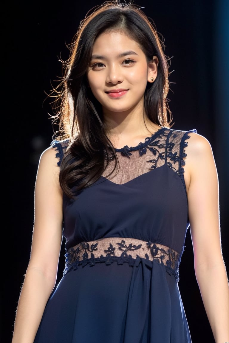 beautiful girl 20 years old, (Zee_JKT48, zeeJKT48), (cowboy shot), pale skin, (solid dark background:1.4), looking away, smile, (realistic:1.9), slender body,(detailed skin, detailed clothing, detailed texture:1.4), wearing a ((flowing chiffon gown with delicate ruffles in a soft powder blue hue, adorned with intricate lace detailing)), Raw Photo, (high quality:1.4)