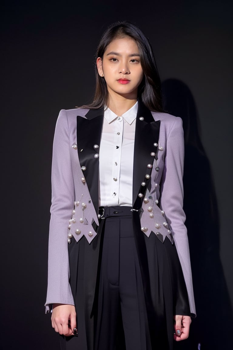 beautiful girl 20 years old, (Zee_JKT48, zeeJKT48), (cowboy shot), pale skin, (solid dark background:1.4), looking at viewer, (realistic:1.9), slender body,(detailed skin, detailed clothing, detailed texture:1.4), wearing a ((sleek tailored pantsuit in a muted lavender shade, featuring exaggerated sleeves and pearl embellishments)), Raw Photo, (high quality:1.4)