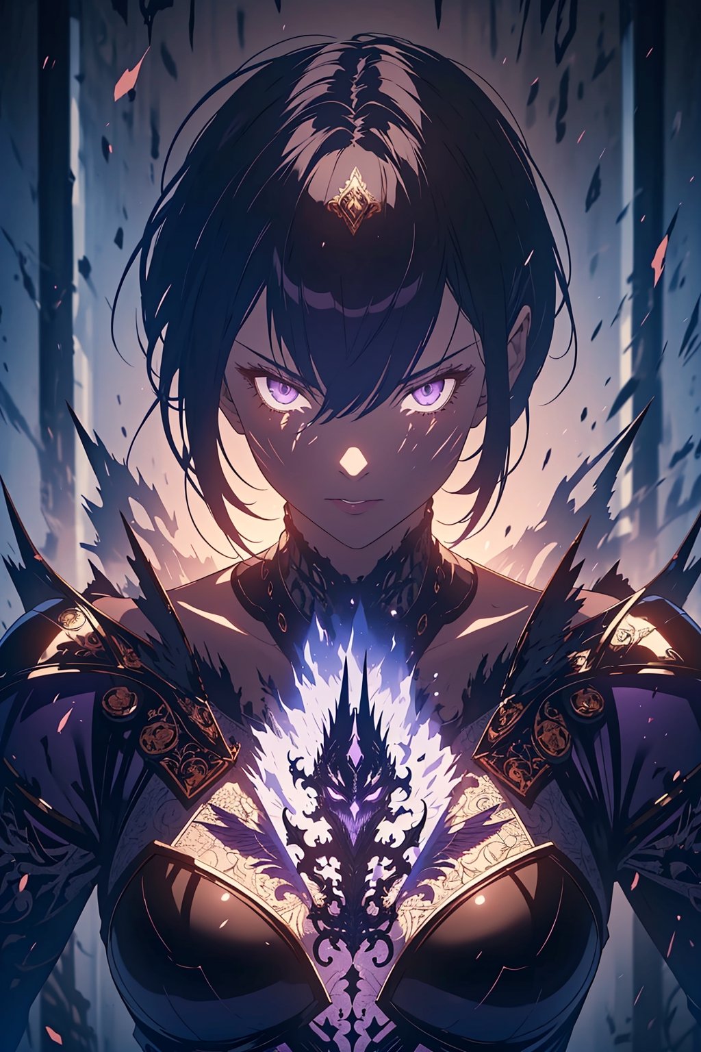 (1woman, black armor, purple aura, purple eyes),badass knight, dark shadow knight, dark aura, powerfull warrior, intense gaze, woman, female knight, ((extremely detailed)) ((masterpiece)) ((intricate design))