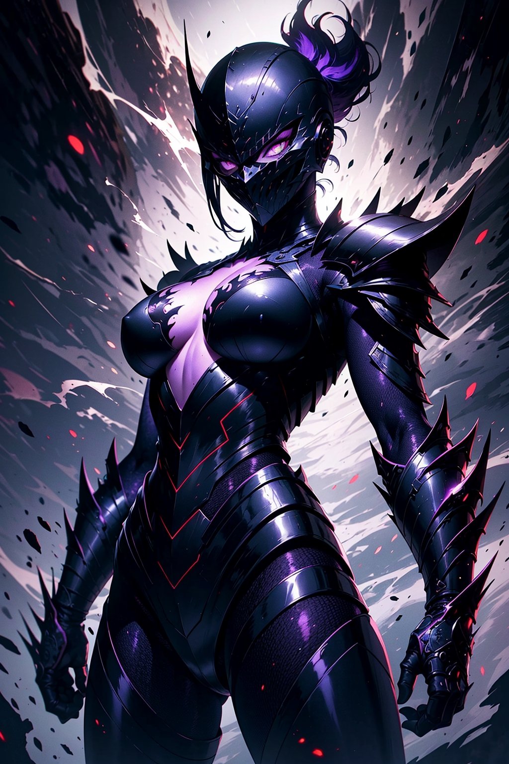 (black armor, purple and red aura, purple eyes),badass knight, dark shadow knight, dark aura, powerfull warrior, woman, dark knight, ((extremely detailed)) ((masterpiece)) ((intricate design))