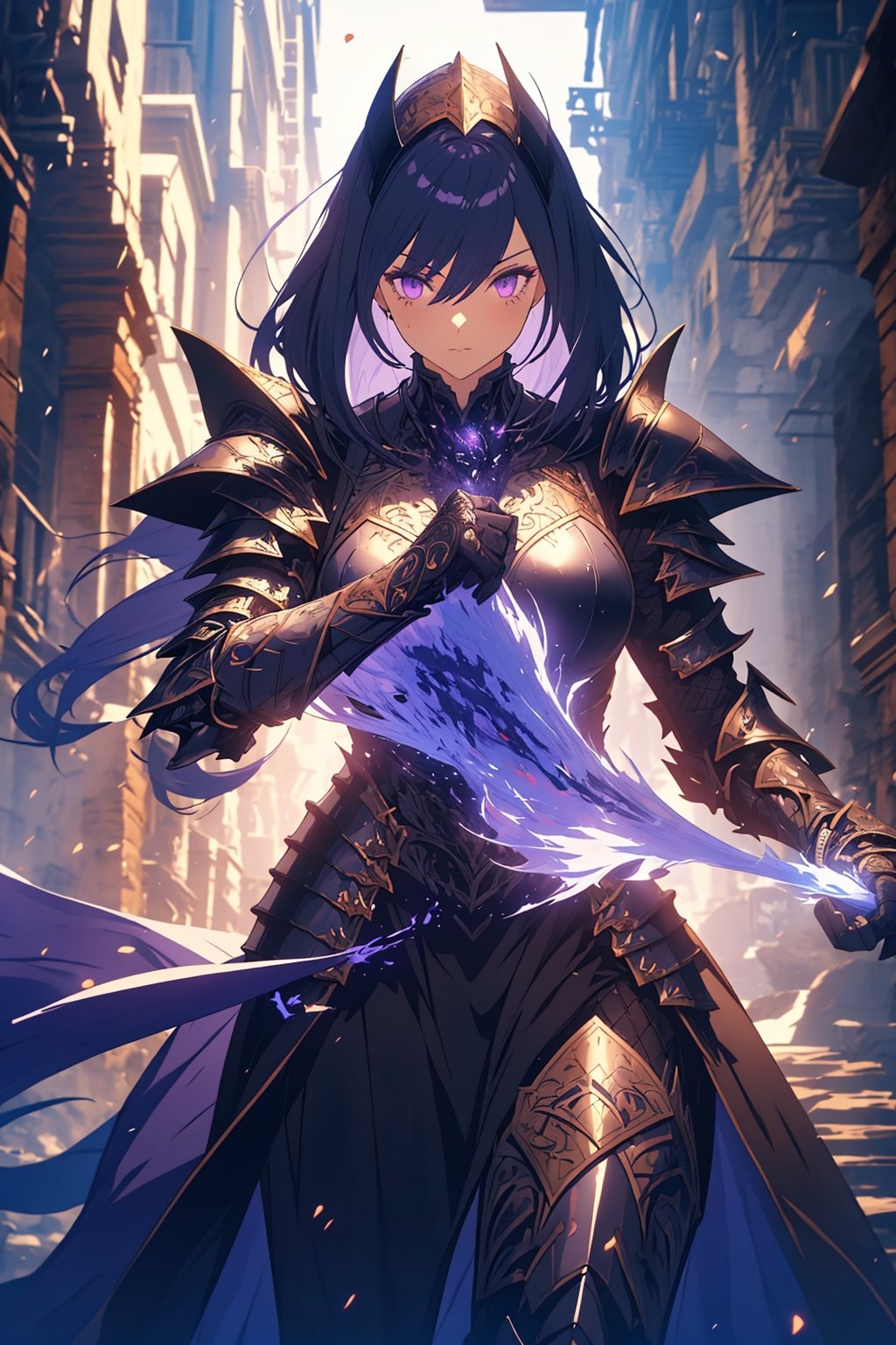 (1woman, black armor, purple aura, purple eyes),badass knight, dark shadow knight, woman, female knight, ((extremely detailed)) ((masterpiece)) ((intricate design))