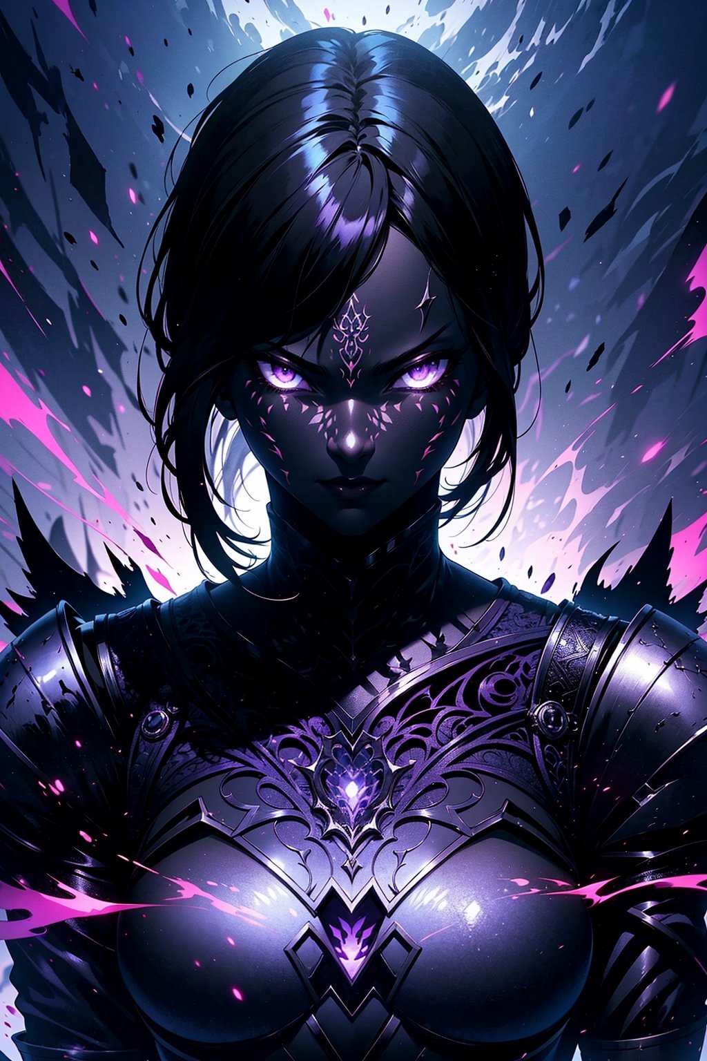 (1woman, black armor, purple aura, purple eyes),badass knight, dark shadow knight, dark aura, powerfull warrior, woman, female knight, ((extremely detailed)) ((masterpiece)) ((intricate design))