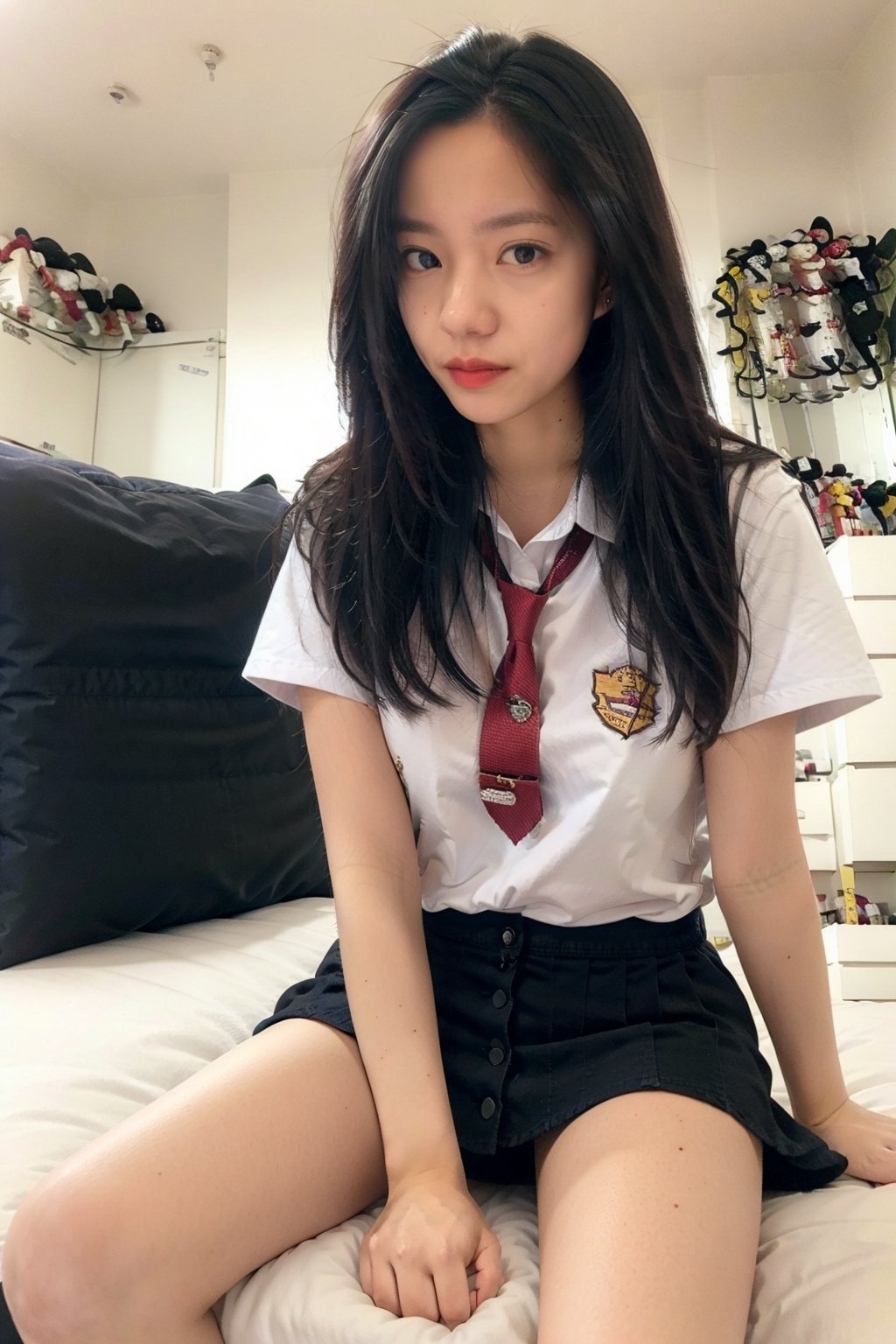 a woman in a uniform sitting on a bed, school uniform, pink mini skirt