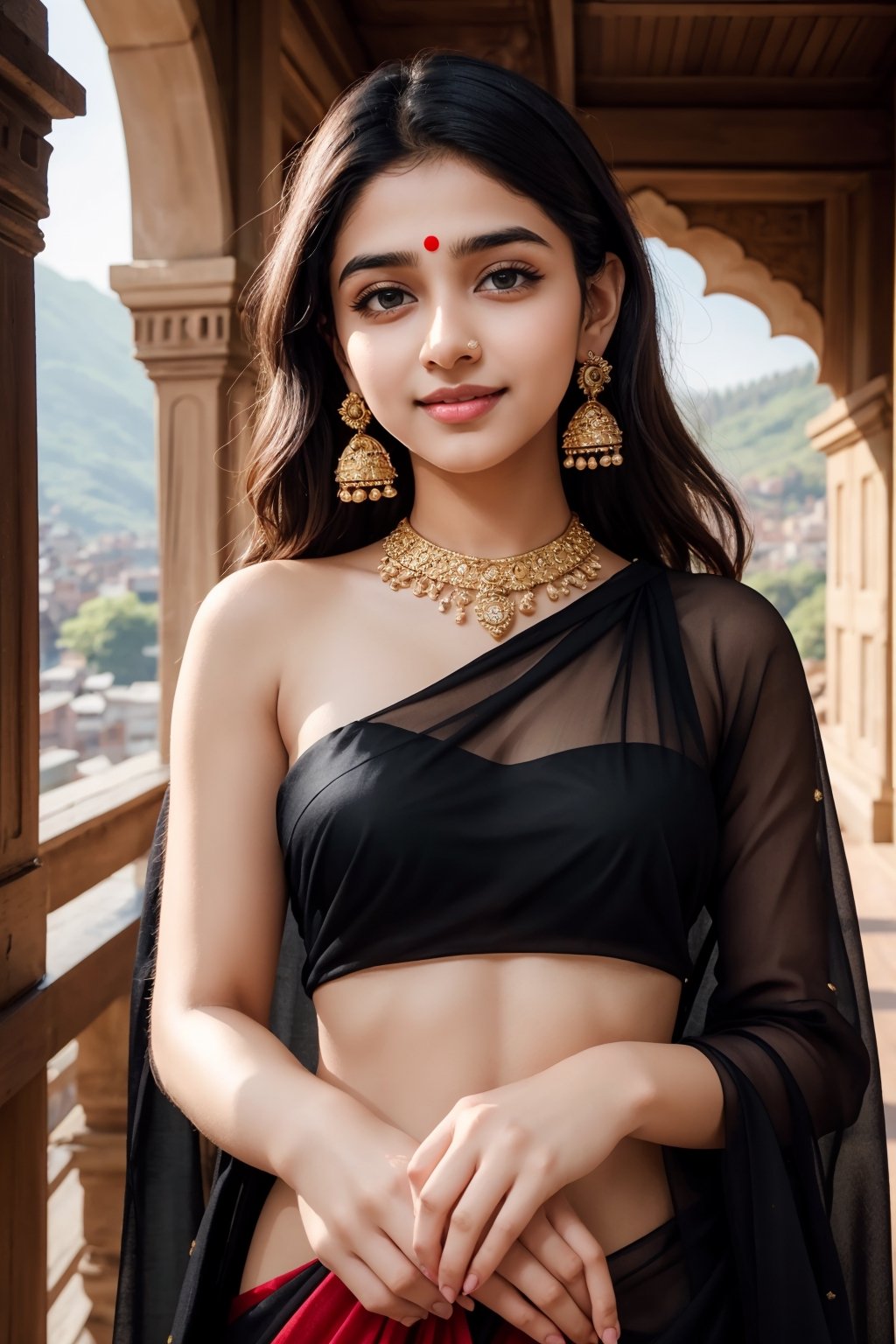 lovely cute young attractive indian teenage girl in a black transparent saree, an Instagram model, long blonde_hair, colorful hair, guloband, smiling  face, pahadi girl,  winter, Indian, shimla in background, forehead ornament, big ear rings, touch forehead ornament, full length, single red color dot on forhead, blushing, bangles