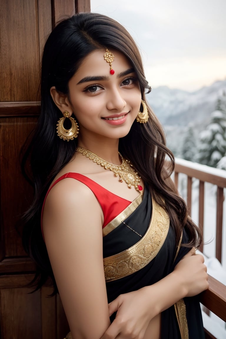 lovely cute young attractive indian teenage girl in a black transparent saree, an Instagram model, long blonde_hair, colorful hair, guloband, smiling  face, pahadi girl,  winter, Indian, shimla in background, forehead ornament, big ear rings, touch forehead ornament, full length, single red color dot on forhead, swirls roll on
