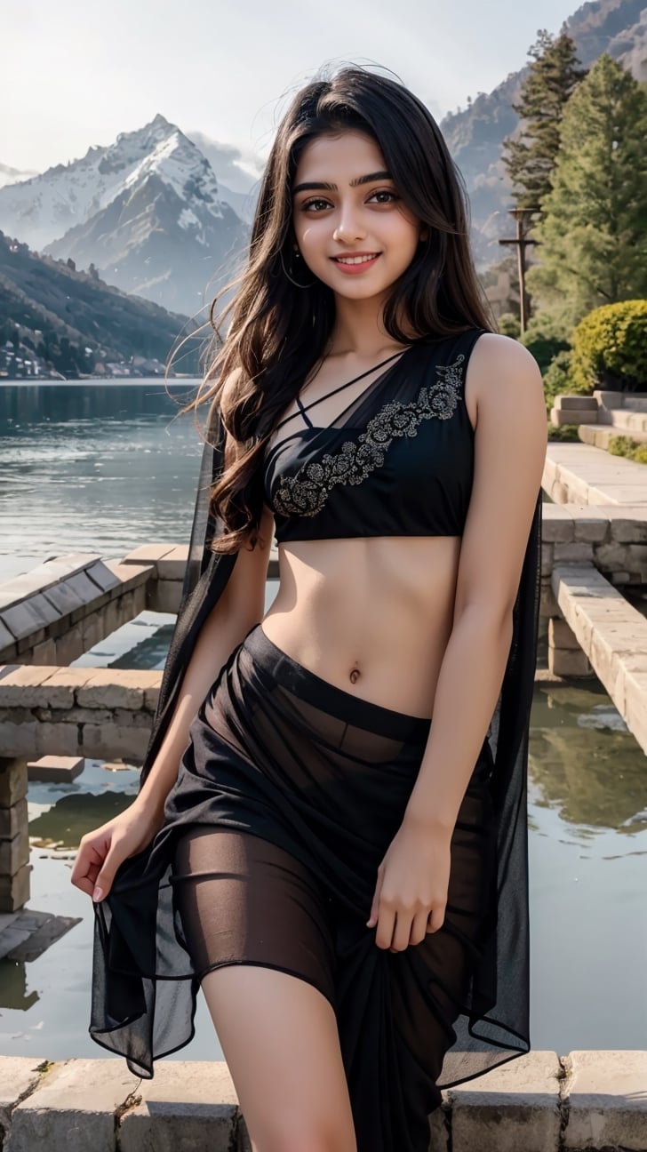 lovely cute young attractive indian teenage girl in a black transparent saree, an Instagram model, long blonde_hair, colorful hair, guloband, smiling  face, pahadi girl,  winter, Indian, nainital in background, forehead ornament, Tehri nath