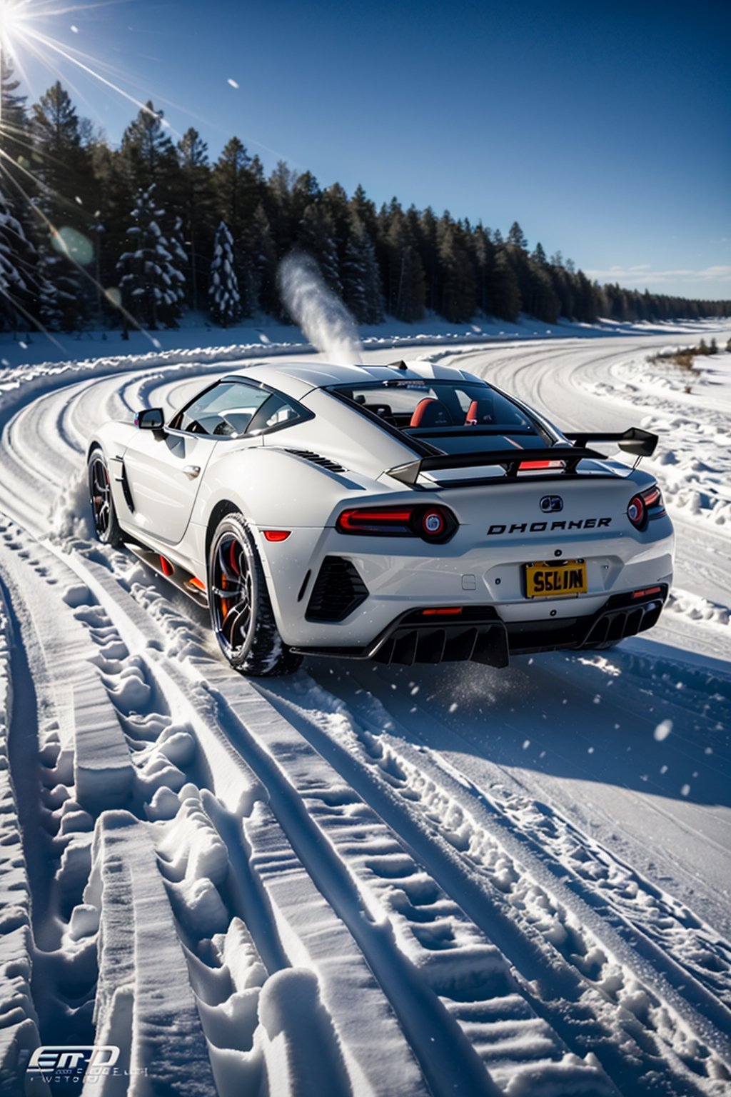 Extreme Drifting through snow, kicking up snow with it's tires, detailed particles, sportscar, elegant styling, mid engine supercar, dust and light particles, ((photorealistic)), ultra hd, dynamic composition, luxury car, dynamic pictures,