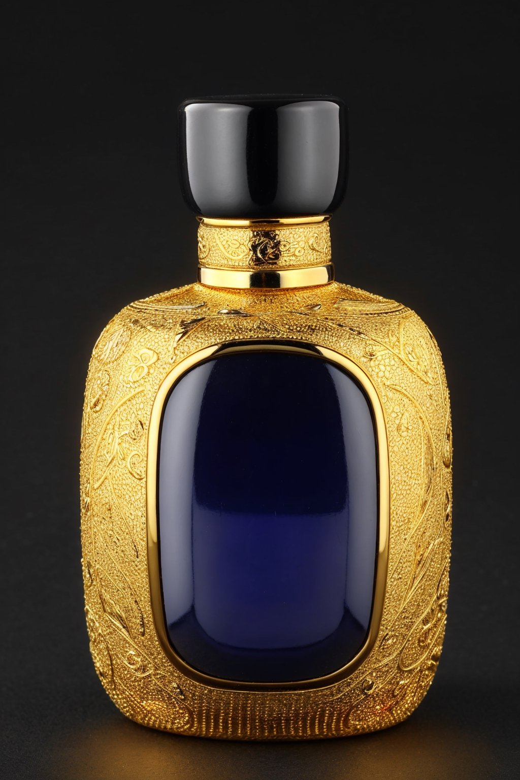 SD 1.5, beautiful perfume bottle,  Arabian style bottle, mysterious, ((extremely detailed)), Obsidian, very expensive design, golden design, extravagant 