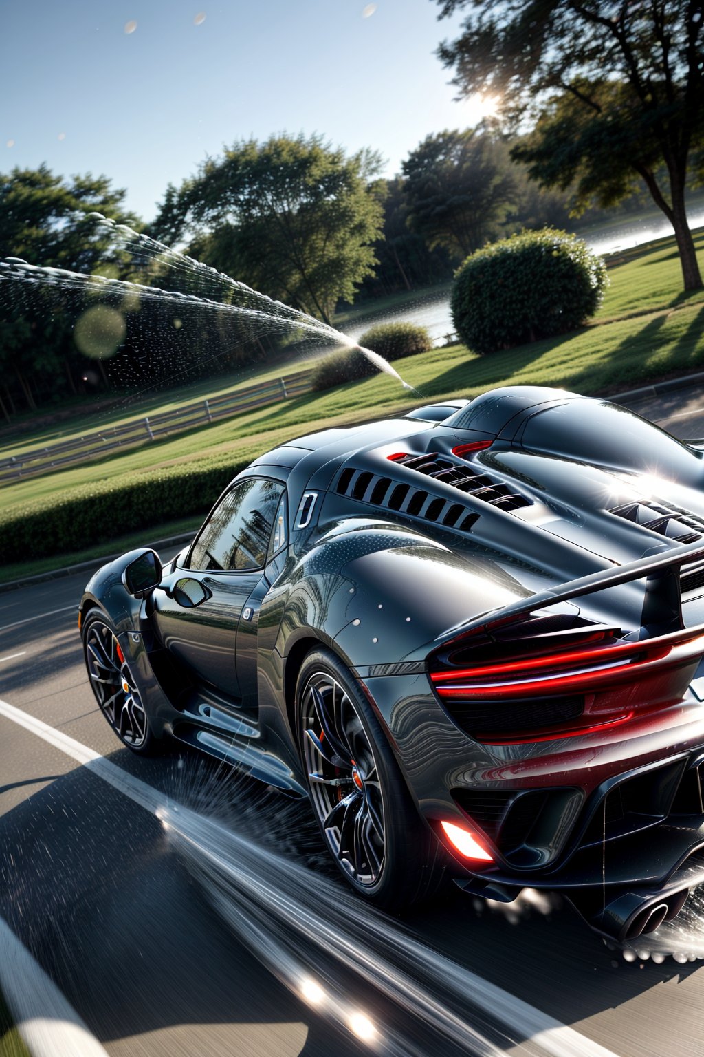 Beautiful car, coupé, water and light particles, ((photorealistic)), motion blur, ultra hd, dynamic composition, ((dynamic pictures)), ((dynamic)), ((physically accurate picture)), interesting background, (((A LOT of water particles))), Porsche 918 Spyder, 