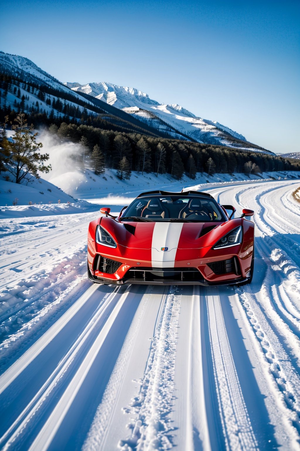 Drifting through snow, sportscar, elegant styling, mid engine supercar, dust and light particles, ((photorealistic)), ultra hd, dynamic composition, luxury car, dynamic pictures,