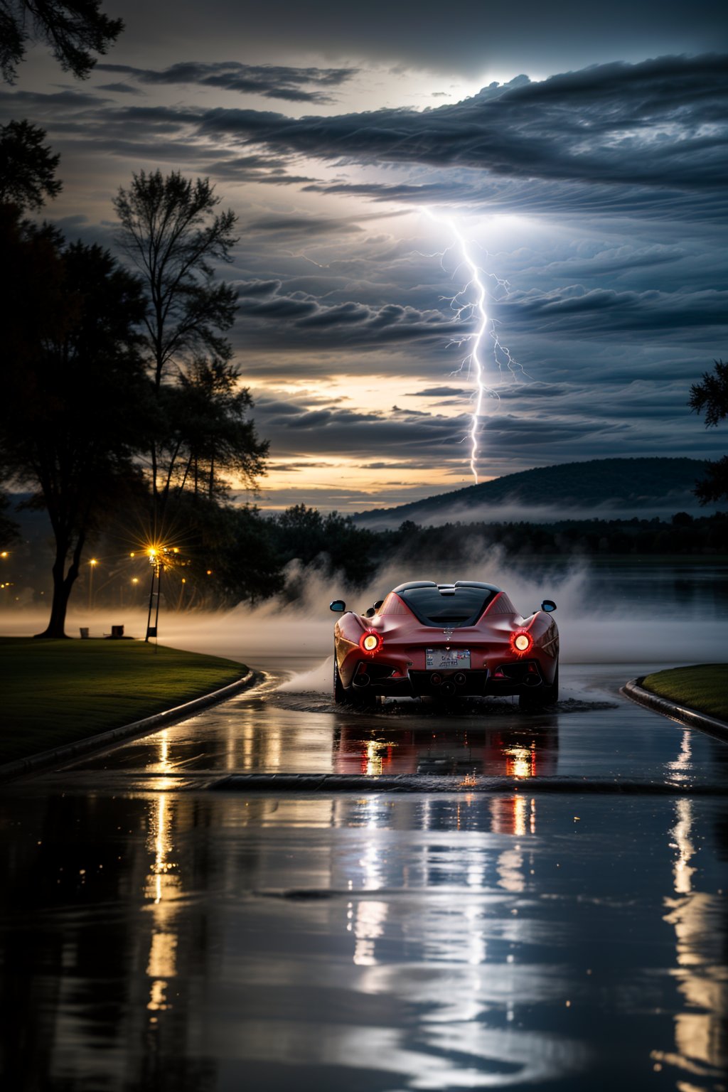 A high-speed shot of the sleek Ferrari LaFerrari coupé, blurred motion capturing its velocity as it zooms towards the camera. Amidst the pre-storm darkness, a mesmerizing display of water particles swirl around the vehicle, illuminated by subtle lightning flashes. The background is an eerie, misty lake with towering trees and dense fog, reflecting the car's sleek design. ((A LOT of water particles)) dance in the air, creating a dynamic composition that immerses the viewer.