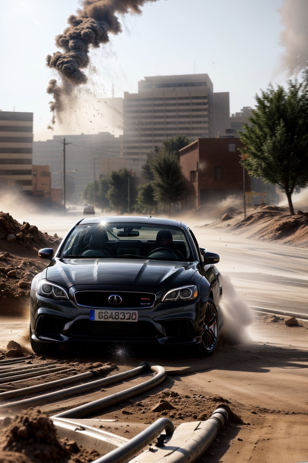 Beautiful car, coupé, dust and light particles, ((photorealistic)), motion blur, ultra hd, dynamic composition, ((dynamic pictures)), ((dynamic)), ((physically accurate picture)), interesting background, (((A LOT of dust)))