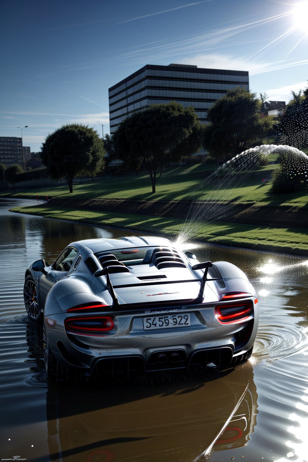 Beautiful car, coupé, water and light particles, ((photorealistic)), motion blur, ultra hd, dynamic composition, ((dynamic pictures)), ((dynamic)), ((physically accurate picture)), interesting background, (((A LOT of water particles))), Porsche 918 Spyder, dark ambiente, 