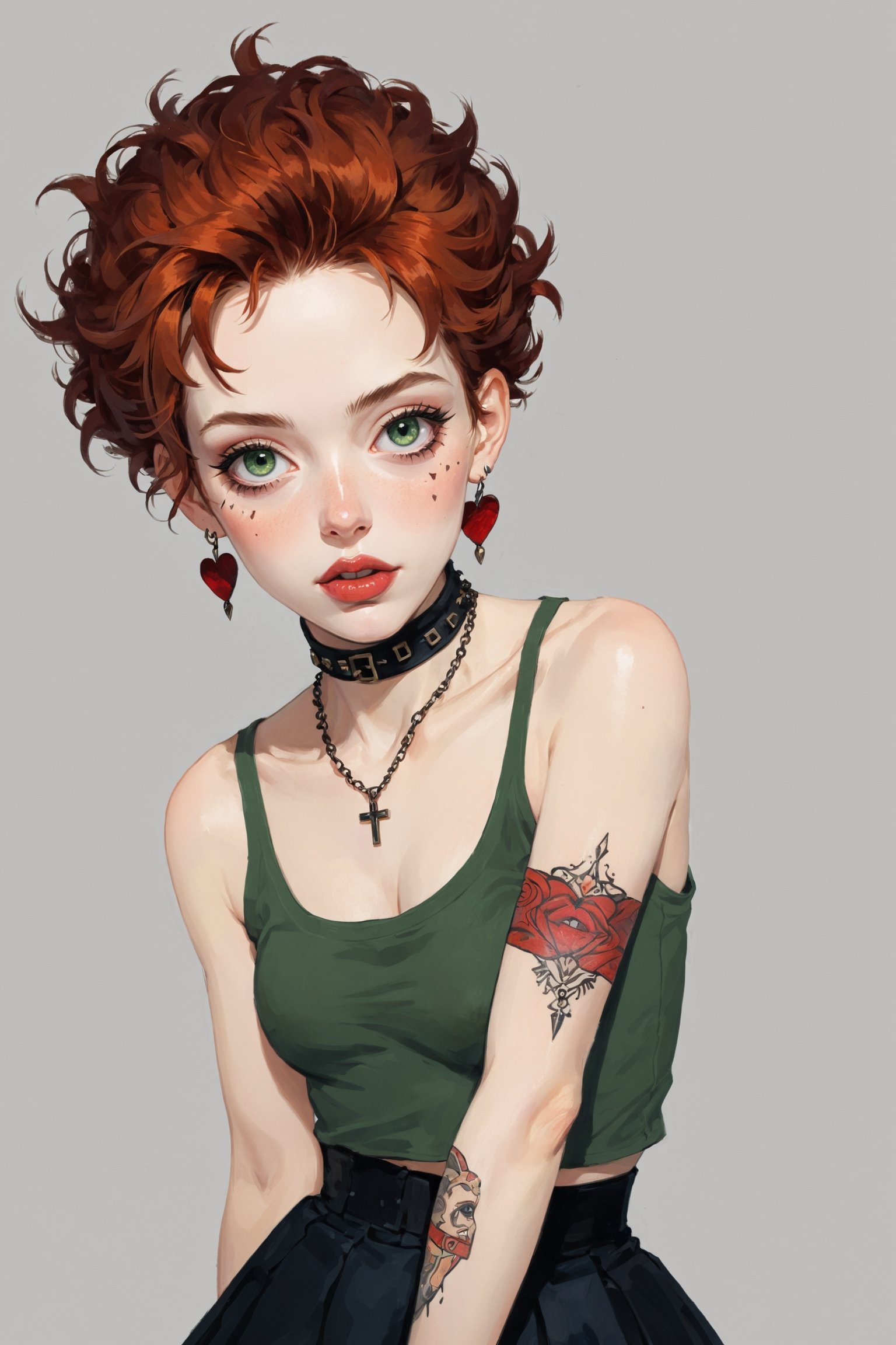 ((Best quality, High quality, masterpiece,  Digital_painting, ligne_claire, Anime_Illustration, Detailed eyes)), (((stylized art style, Painted by Rembrandt and Egon Schiele))), 1girl, arm tattoo, body writing, bodypaint, bracelet, chest tattoo, choker, cross, earrings, facepaint, facial tattoo, green eyes, grey background, heart tattoo, jewelry, leg tattoo, lips, lipstick, long hair, makeup, neck tattoo, necklace, pubic tattoo, realistic, red hair, red lips, shirt, shoulder tattoo, solo, spikes, t-shirt, tattoo