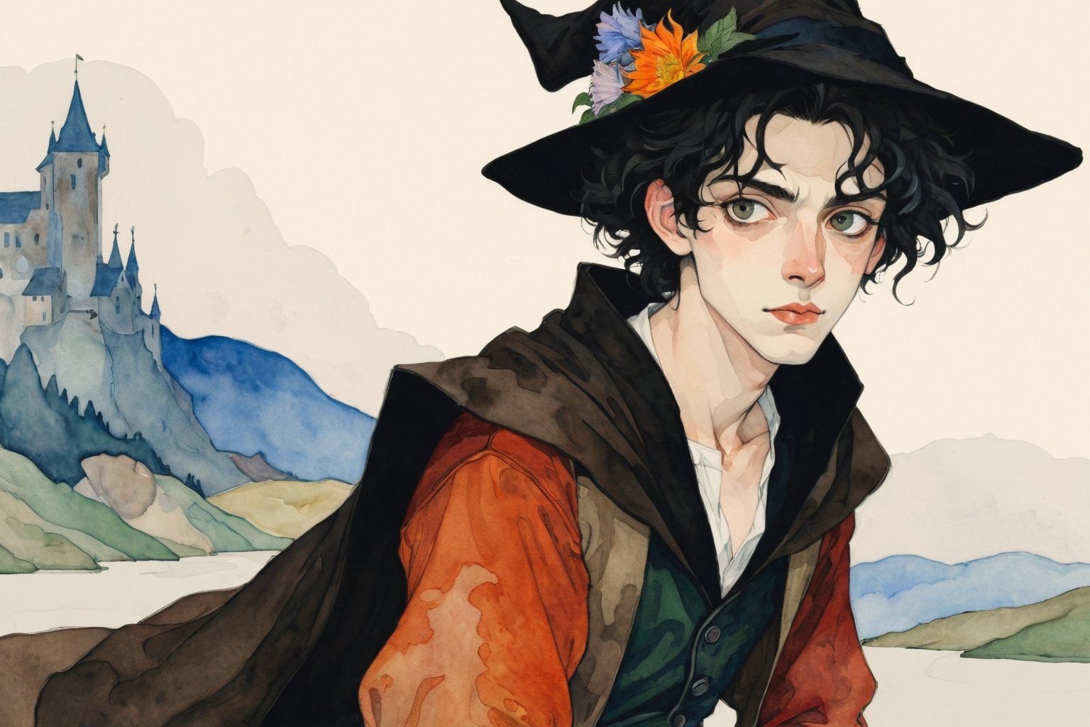 (Best quality, High quality, masterpiece, Watercolor_pencil painting, ligne_claire, Illustration, Detailed eyes), ((stylized art style, painted by Egon Schiele and Gustave Doré and Rembrandt)), (Negative Spaces, Abstract, Impression), 1 Wizard boy, Long black hair, Seductive smile, (above thigh shot, Balenciaga designed wizard costume, plunging neckline), Flowers, Waters, wizard hat, ((Magic, Flowers, flame)), 