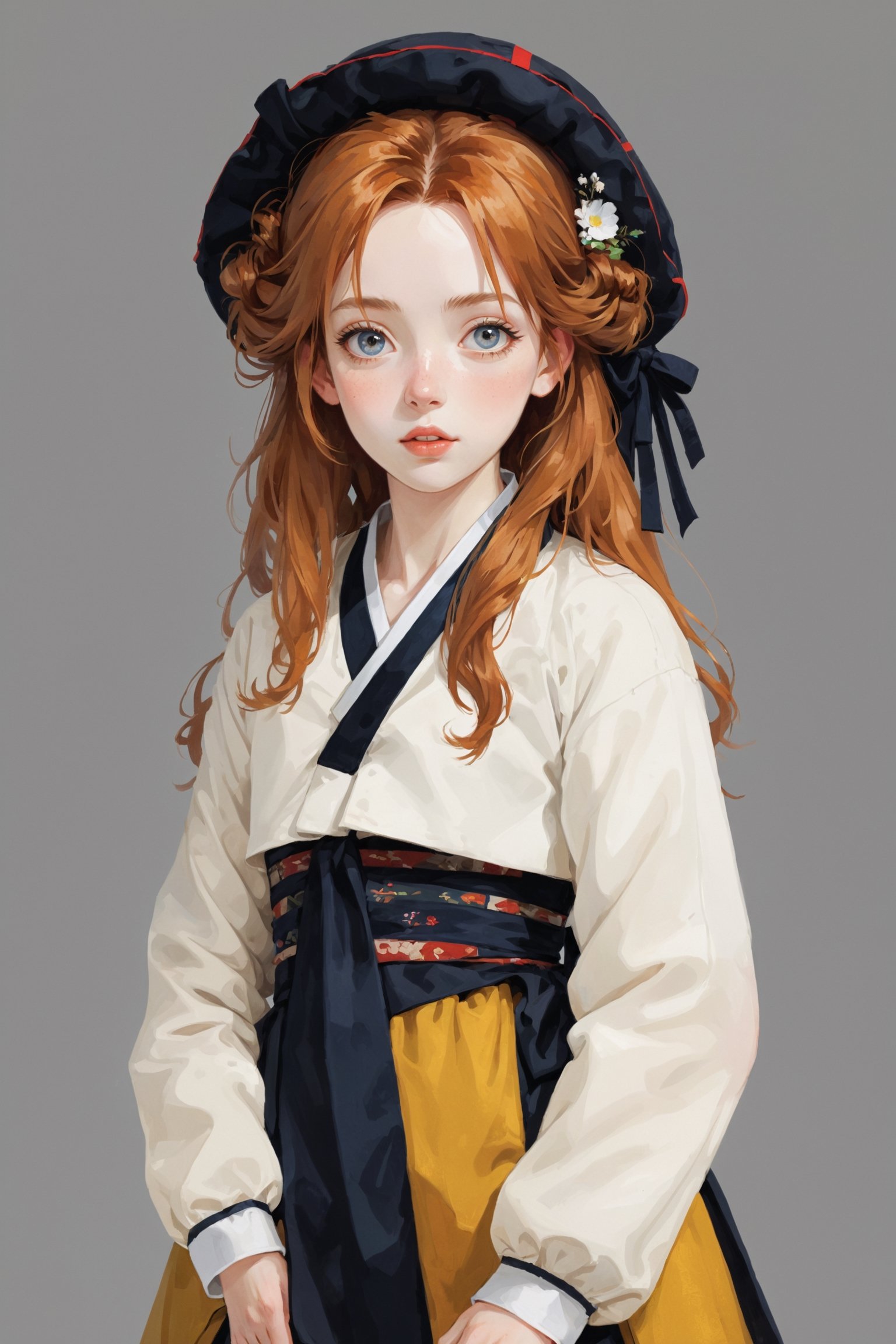 ((Best quality, High quality, masterpiece,  Digital_painting, ligne_claire, Anime_Illustration, Detailed eyes)), (((stylized art style, Painted by Rembrandt and Egon Schiele))), 1 beatiful girl, Long hair, straight_hair, Hanbok, Full body_shot, Ginger hair