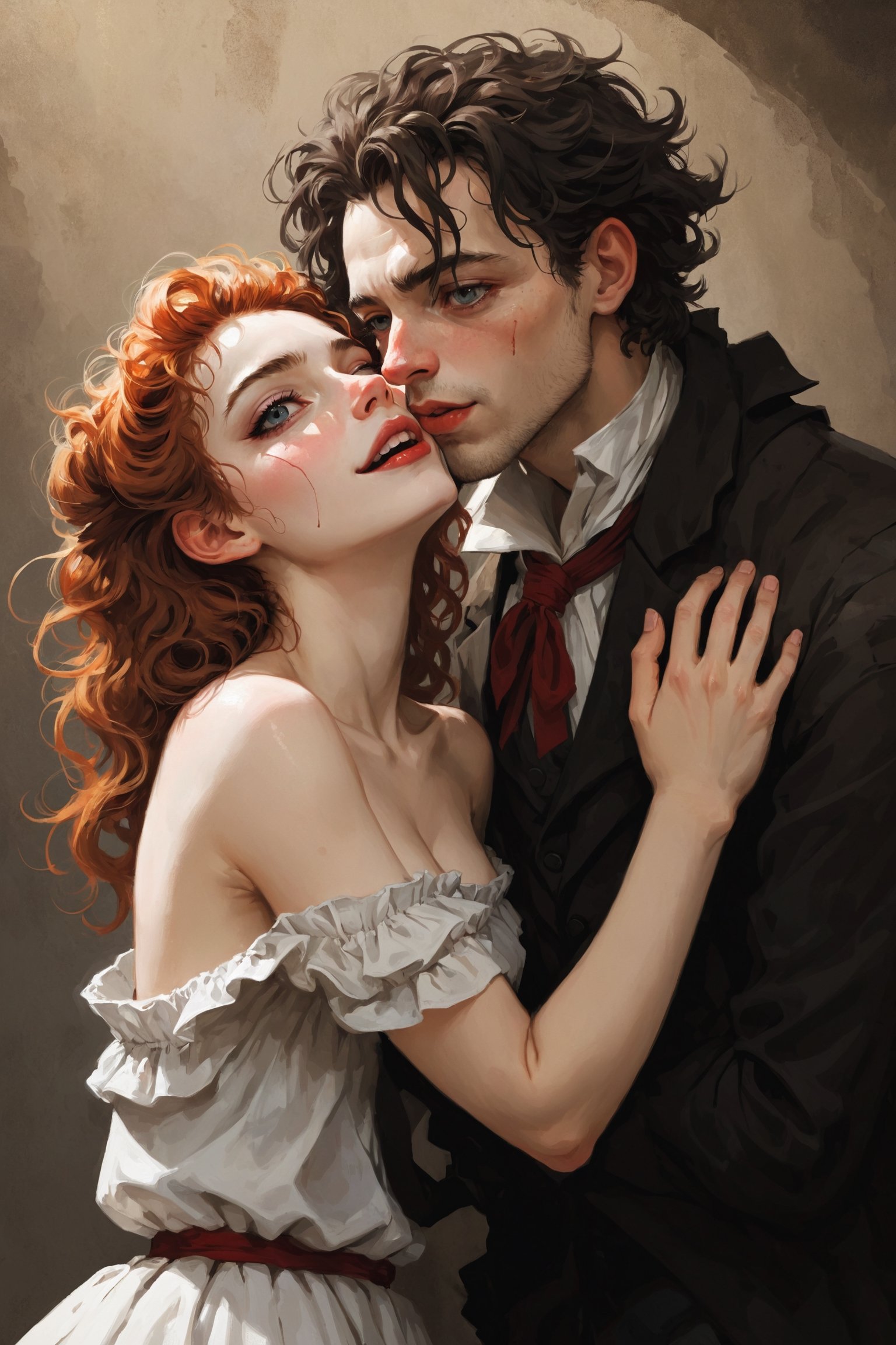 ((Best quality, High quality, masterpiece,  Digital_painting, ligne_claire, Anime Illustration, Detailed eyes)), (((stylized art style, painted by Rembrandt and Egon Schiele and Gustave Doré))), 1girl, Vampire girl, Fantasy, sexy dress, blood, long_hair, seductive smile, blood_on_face, wet body, wet smile, kiss mark, sticking_out_tongue