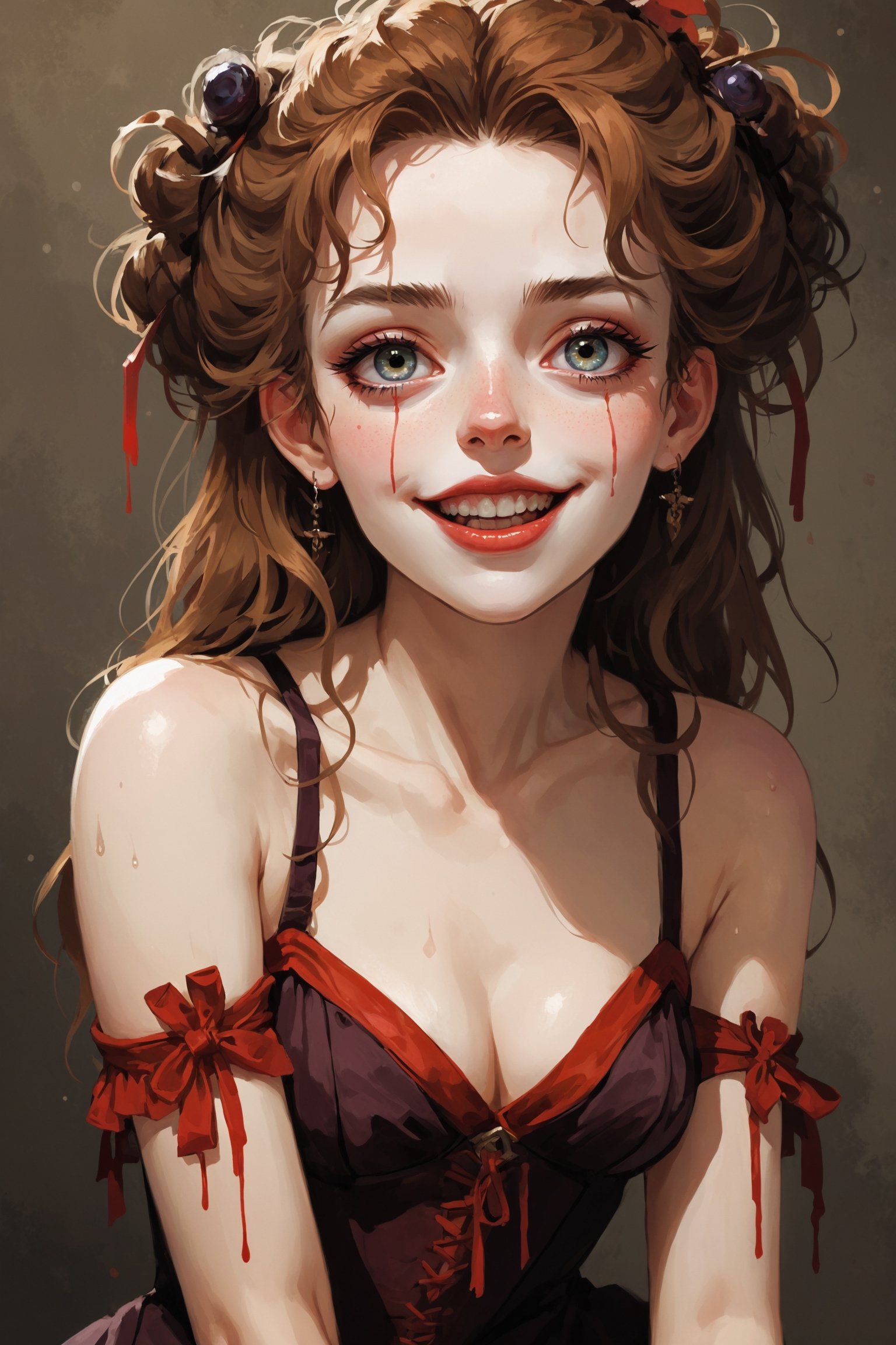 ((Best quality, High quality, masterpiece,  Digital_painting, ligne_claire, Anime Illustration, Detailed eyes)), (((stylized art style, painted by Rembrandt and Egon Schiele and Gustave Doré))), 1girl, Vampire girl, Fantasy, sexy dress, blood, long_hair, seductive smile, blood_on_face, wet body, wet smile,