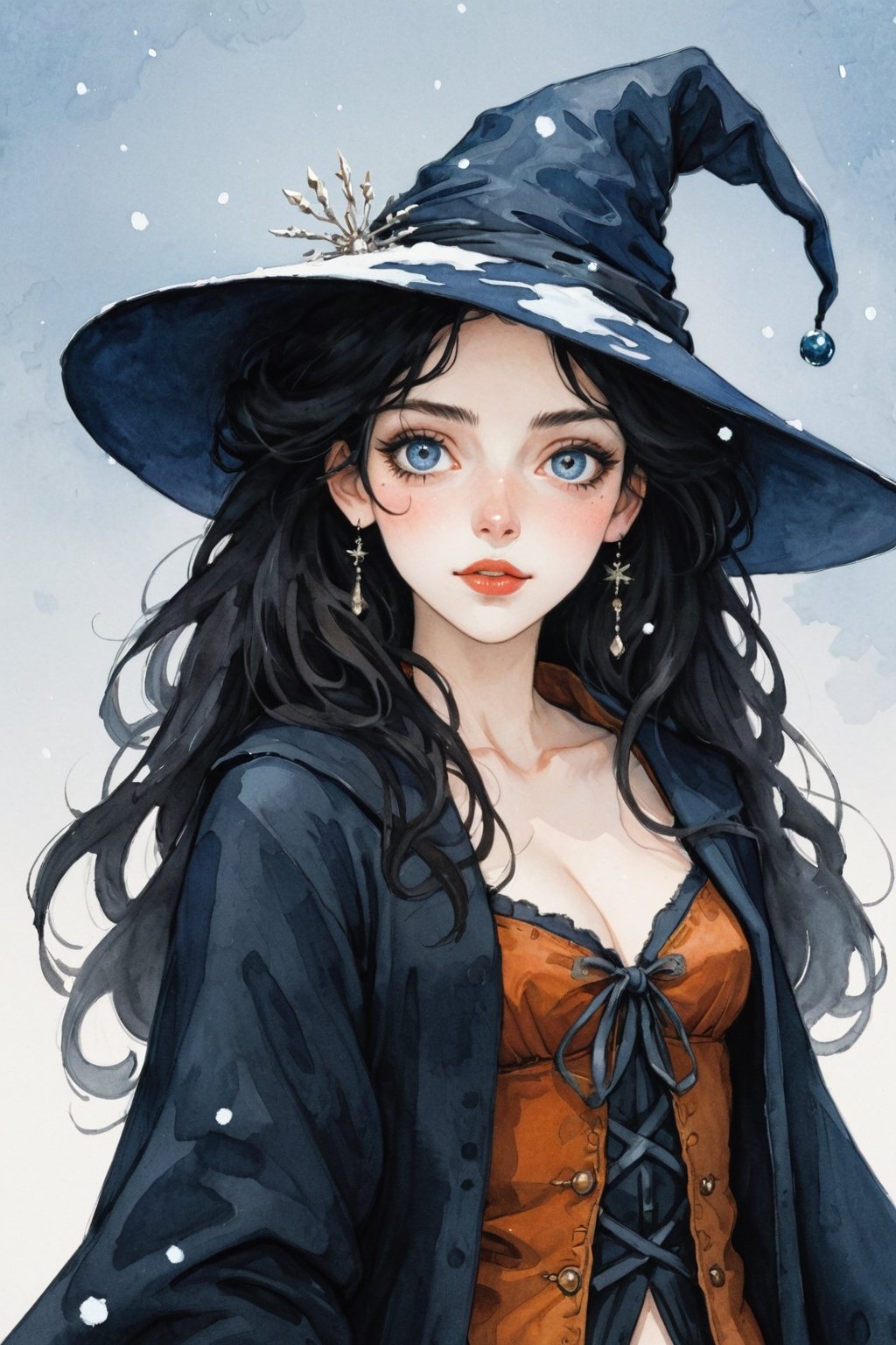 (Best quality, High quality, masterpiece, Watercolor_pencil painting, ligne_claire, Illustration, Detailed eyes), ((stylized art style, painted by Egon Schiele and Gustave Doré and Rembrandt)), 1 Wizard girl, Long black hair, Seductive smile, (above thigh shot, Balenciaga designed wizard costume), wizard hat, ((Magic, Water, ice, snowflakes)), 