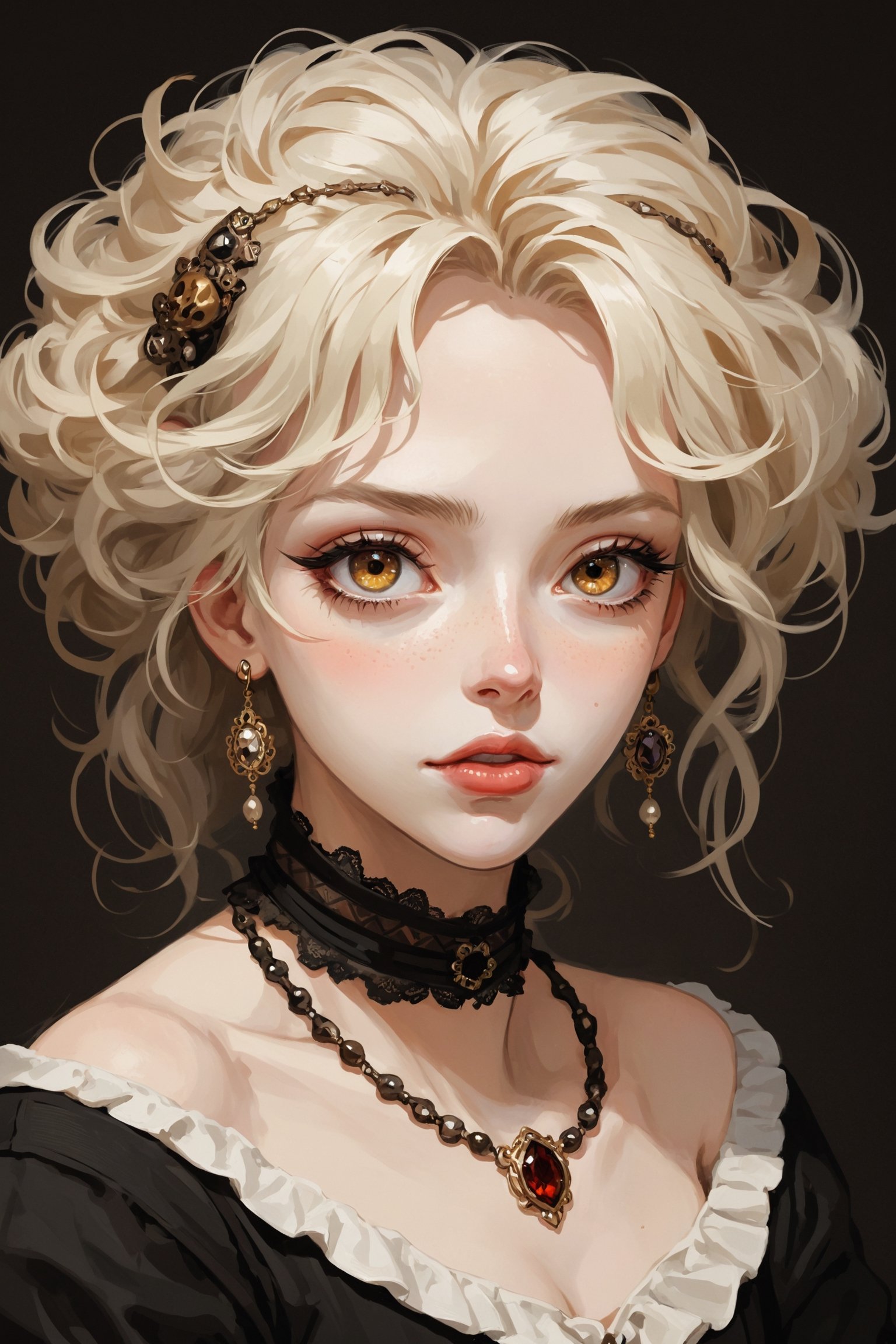 ((Best quality, High quality, masterpiece,  Digital_painting, ligne_claire, Anime_Illustration, Detailed eyes)), (((stylized art style, Painted by Rembrandt and Egon Schiele))), solo, long_hair, upper_body, lips, lace, 1girl, closed_mouth, looking_at_viewer, jewelry, portrait, brown_eyes, white_hair, facial_mark, female_focus, bone, headpiece, parted_lips, skull, blonde_hair, red_eyes, ring