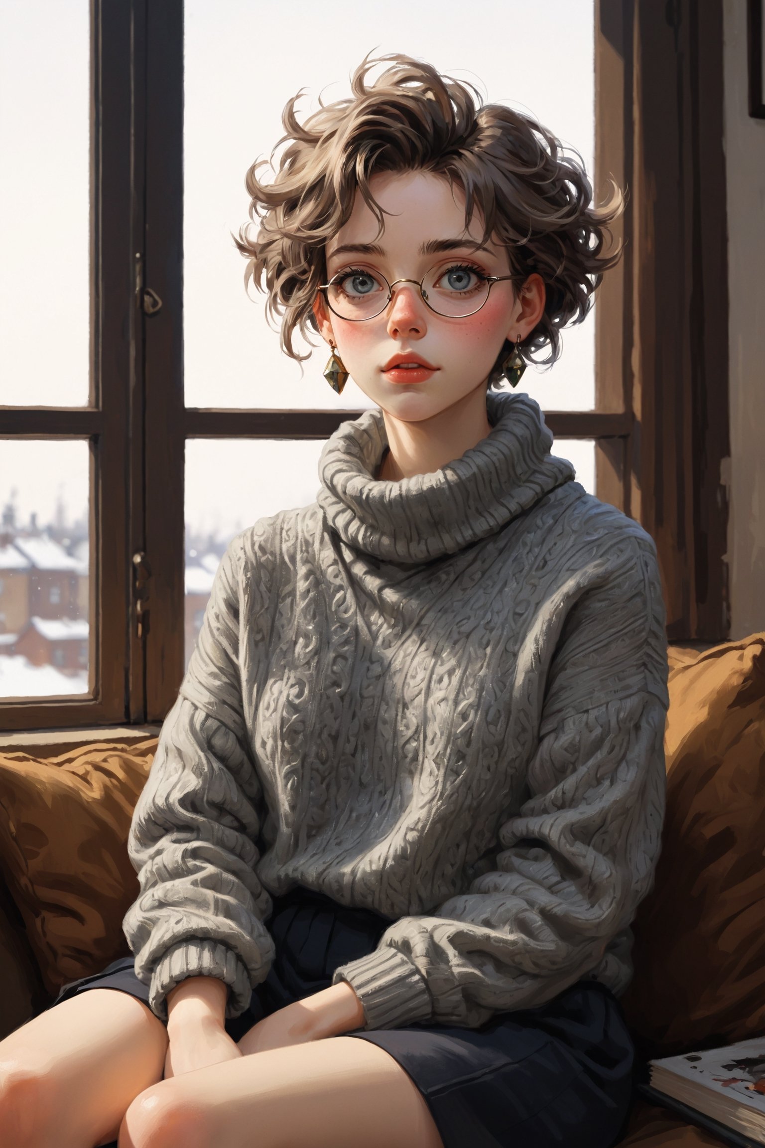 ((Best quality, High quality, masterpiece,  Digital_painting, ligne_claire, Anime_Illustration, Detailed eyes)), (((stylized art style, Painted by Rembrandt and Egon Schiele))), 1girl, earrings, jewelry, glasses, sweater, solo, looking_at_viewer, navel, indoors, turtleneck, ribbed_sweater, window, lips, sitting, pants, midriff, silver_hair, bangs, closed_mouth, plant, long_sleeves, Midium_hair, couch, turtleneck_sweater, grey_eyes, day, medium length hair, Greay hair, Gray colored hair