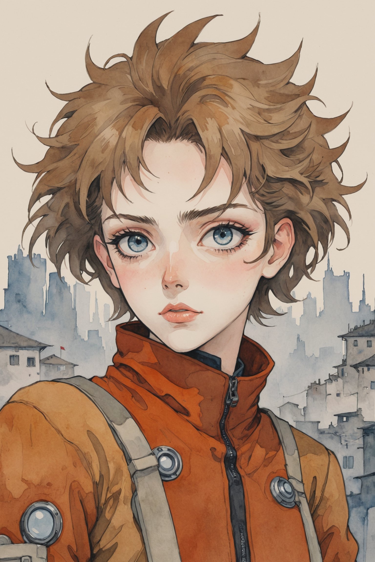 ((Best quality, High quality, masterpiece, watercolor pencil painting, ligne_claire, Anime Illustration, Detailed eyes)), (((stylized art style, painted by Egon Schiele and Studio Ghibli))),1girl, Cyber_Punk backgorund, Pilot suit, (upper body), Cyber punk, cybernetic, City scapes