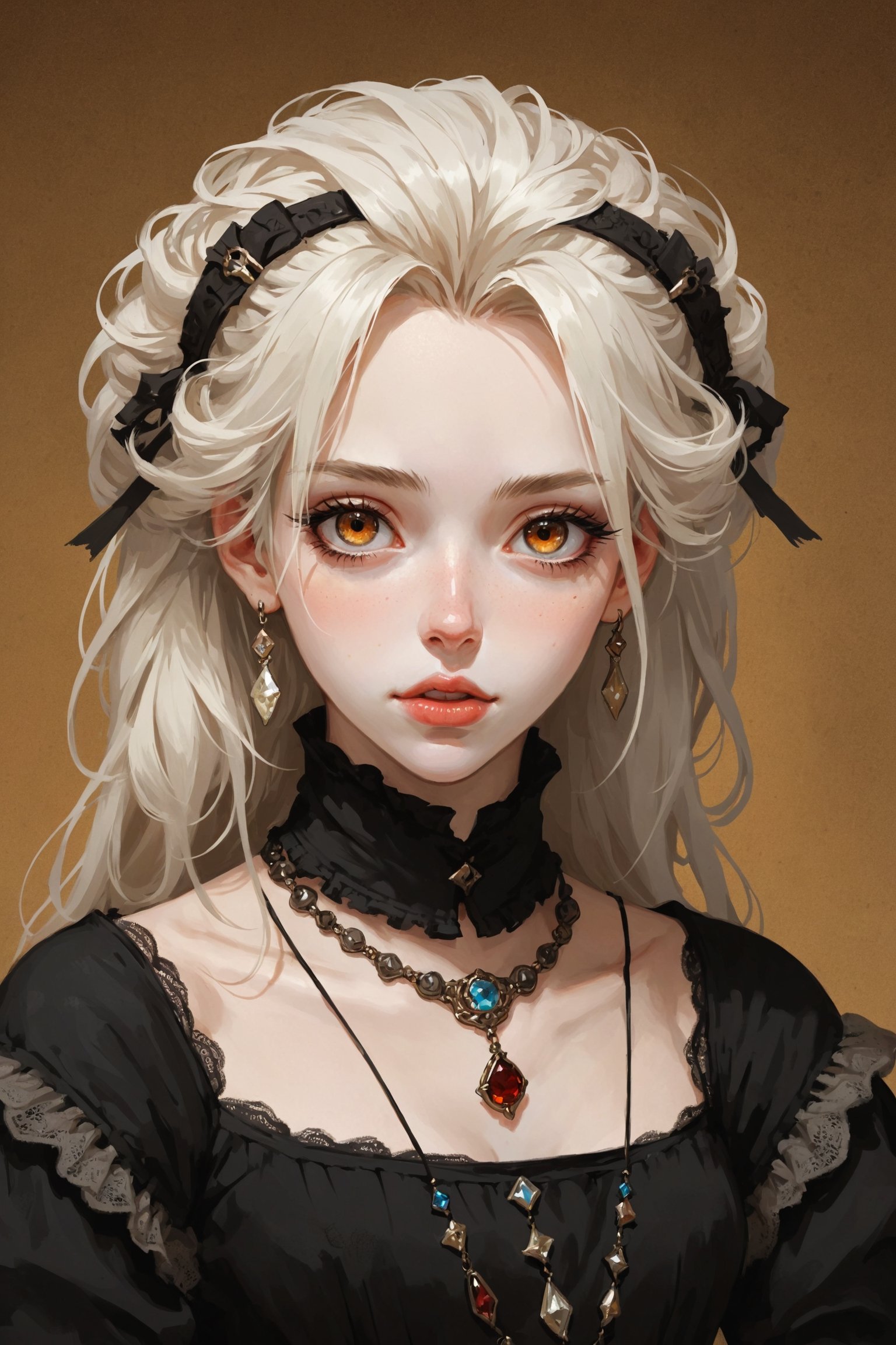 ((Best quality, High quality, masterpiece,  Digital_painting, ligne_claire, Anime_Illustration, Detailed eyes)), (((stylized art style, Painted by Rembrandt and Egon Schiele))), solo, long_hair,  lips, lace, 1girl, closed_mouth, looking_at_viewer, jewelry, brown_eyes, white_hair, facial_mark, female_focus, bone, headpiece, parted_lips, skull, blonde_hair, red_eyes, ring, Thigh