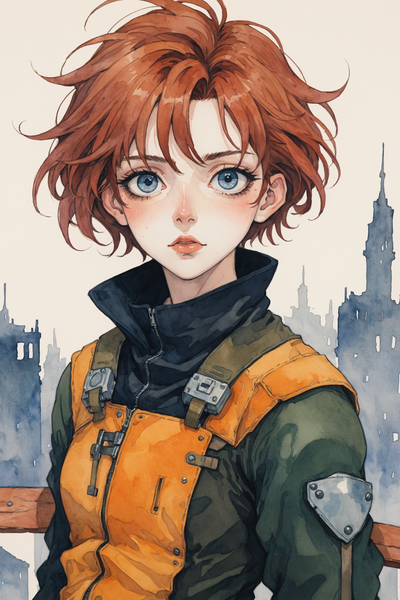 ((Best quality, High quality, masterpiece, watercolor pencil painting, ligne_claire, Anime Illustration, Detailed eyes)), (((stylized art style, painted by Egon Schiele and Studio Ghibli))),1girl, Cyber_Punk backgorund, Pilot suit, (upper body), Cyber punk, cybernetic, City scapes