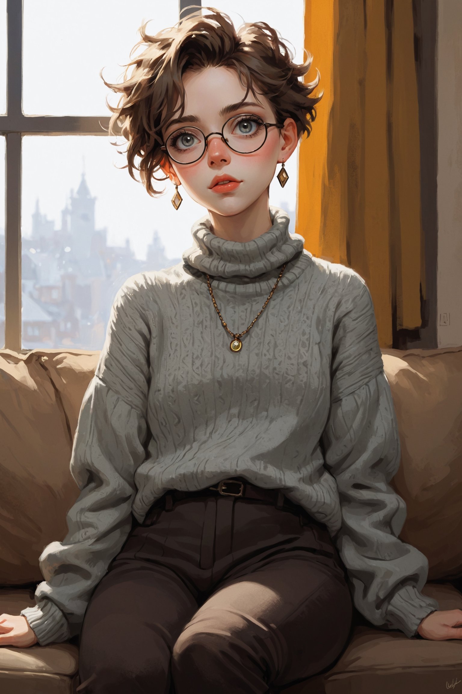 ((Best quality, High quality, masterpiece,  Digital_painting, ligne_claire, Anime_Illustration, Detailed eyes)), (((stylized art style, Painted by Rembrandt and Egon Schiele))), 1girl, earrings, jewelry, glasses, sweater, solo, looking_at_viewer, navel, indoors, turtleneck, ribbed_sweater, window, lips, sitting, pants, midriff, silver_hair, bangs, closed_mouth, plant, long_sleeves, short_hair, couch, turtleneck_sweater, grey_eyes, day