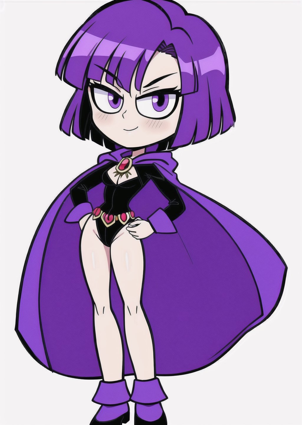 1girl, Raven, short horse, purple swimsuit costume with cape, feel it on your waist.,anime style