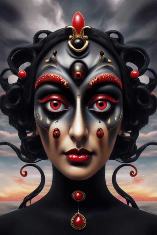 women dark black face with red eyes looking straight at you in a boat More surrealism and madness.much more surrealism and crazy designs. With gold and cardinal red surreal Salvador Dali clouds coming out of her head.more surrealism and bizarre designs with bright vibrant colours