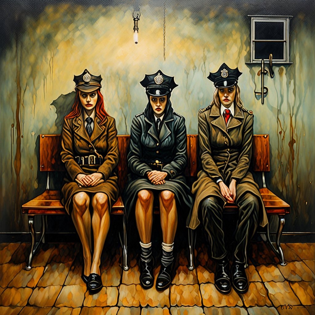 Bench in a police station in vika with three women lightly clothed sitting waiting for interrogation 8k,oil paint , in the style of esao andrews