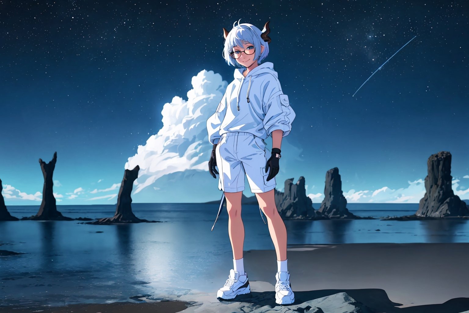 (master piece), vivid, men, 20 years old, blue pupils, white wolf aura, short wolfcut hair,multicolor hair, cyan bangs, white hoddies, cargo pants, black shoes, white gloves, white ring in middle finger right hand, black ring in middle finger lefthand, 2 white horns in head,light chocolate skin, molten blue lava in the background, stars in the background, sixpack, smirk, lazy pose, white pillow, eyeglass, eyebags