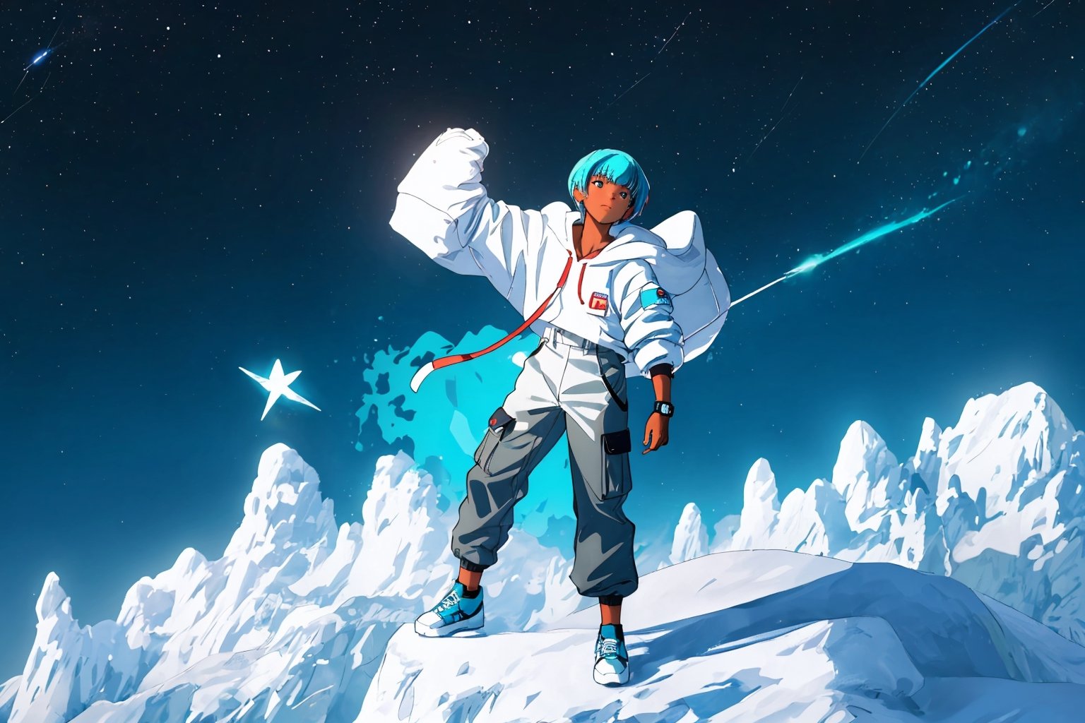 (master piece), vivid, masculine, 20 years old, blue pupils, wavi short hair,multicolor hair, cyan bangs, white hoddies, cargo pants, black shoes, white gloves, white ring in middle finger right hand, black ring in middle finger lefthand, 2 white horns in head,light chocolate skin, fire in the background, stars in the background, sixpack, lazy pose, white pillow, 