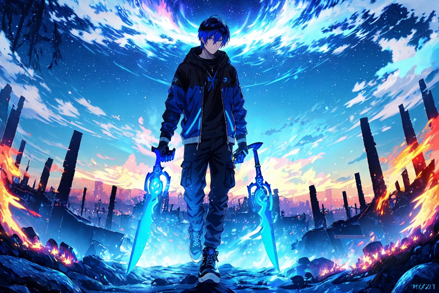 (master piece), vivid, masculine, male, 20 years old, blue pupils, wolfcut hair, multicolored hair, cyan bangs, white hoddies, cargo pants, black shoes, white gloves, white ring in middle finger right hand, black ring in middle finger lefthand, 2 white horns in head, dark skin, fire in the background, stars in the background, molten blue lava in thebackground, sixpack, lazy pose,weapon,midjourney, eyebags, fire blue scythe, smirk, mazda rx7
