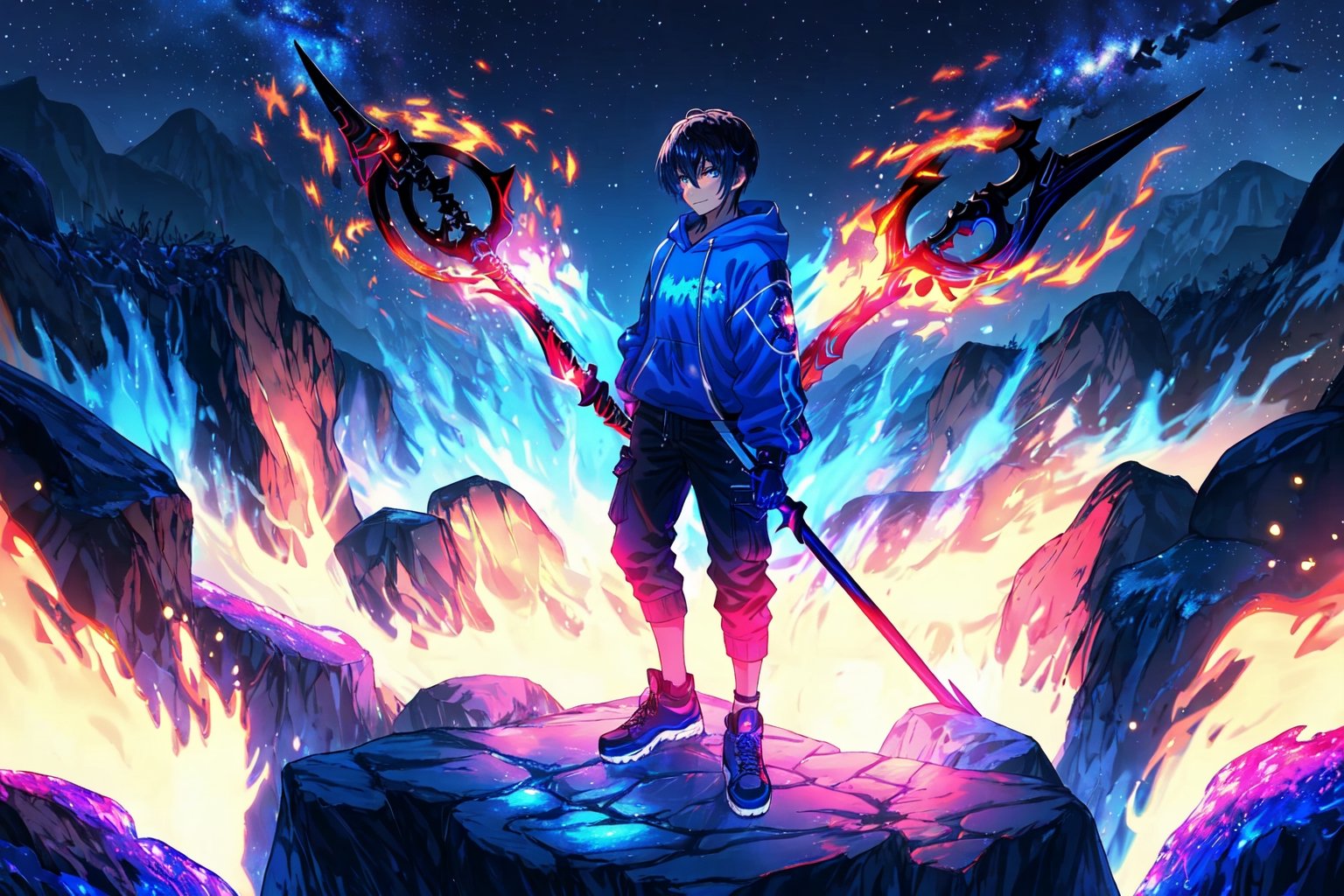 (master piece), vivid, masculine, male, 20 years old, blue pupils, wolfcut hair, multicolored hair, cyan bangs, white hoddies, cargo pants, black shoes, white gloves, white ring in middle finger right hand, black ring in middle finger lefthand, 2 white horns in head, dark skin, fire in the background, stars in the background, molten blue lava in thebackground, sixpack, lazy pose,weapon,midjourney, eyebags, fire blue scythe, smirk