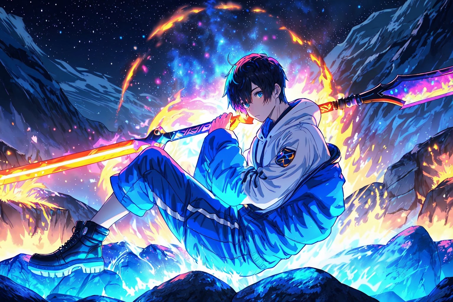 (master piece), vivid, masculine, male, 20 years old, blue pupils, wolfcut hair,multicolor hair, cyan bangs, white hoddies, cargo pants, black shoes, white gloves, white ring in middle finger right hand, black ring in middle finger lefthand, 2 white horns in head,chocolate skin, fire in the background, stars in the background, molten blue lava in thebackground, sixpack, lazy pose,weapon,midjourney, eyebags