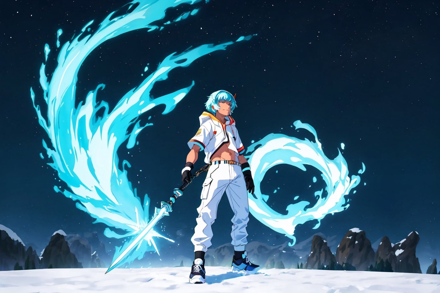 (master piece), vivid, masculine, male, 20 years old, blue pupils, curtaincut hair,multicolor hair, cyan bangs, white hoddies, cargo pants, black shoes, white gloves, white ring in middle finger right hand, black ring in middle finger lefthand, 2 white horns in head,light chocolate skin, fire in the background, stars in the background, sixpack, lazy pose,weapon