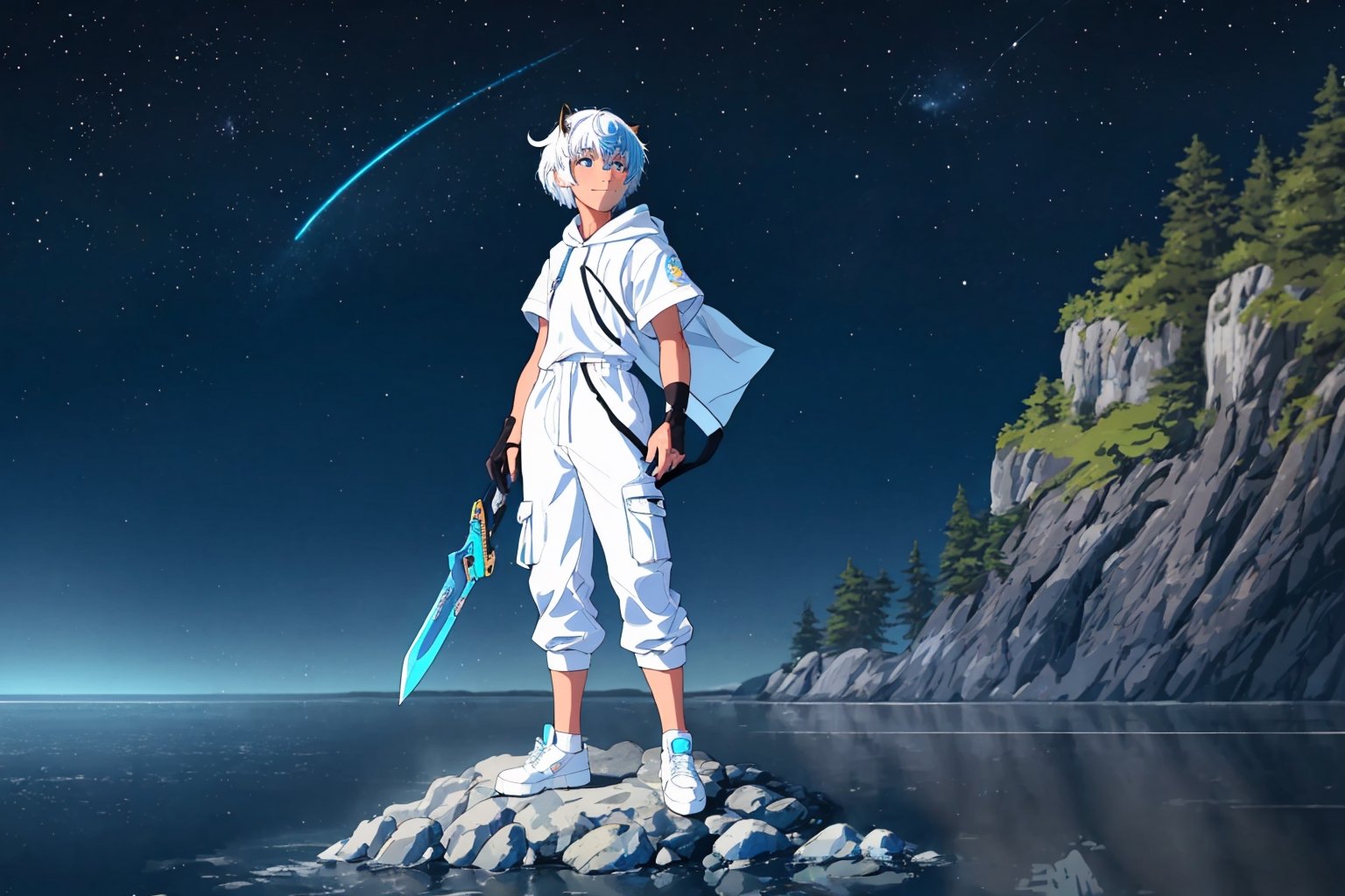 (master piece), vivid, men, 18 years old, blue pupils, white wolf aura, short wolfcut hair,multicolor hair, cyan bangs, white hoddies, cargo pants, black shoes, white gloves, white ring in middle finger right hand, black ring in middle finger lefthand, 2 white horns in head,light chocolate skin, molten blue lava in the background, stars in the background, sixpack, smirk,weapon, lazy pose, white pillow, eyeglass, eyebags,schyte