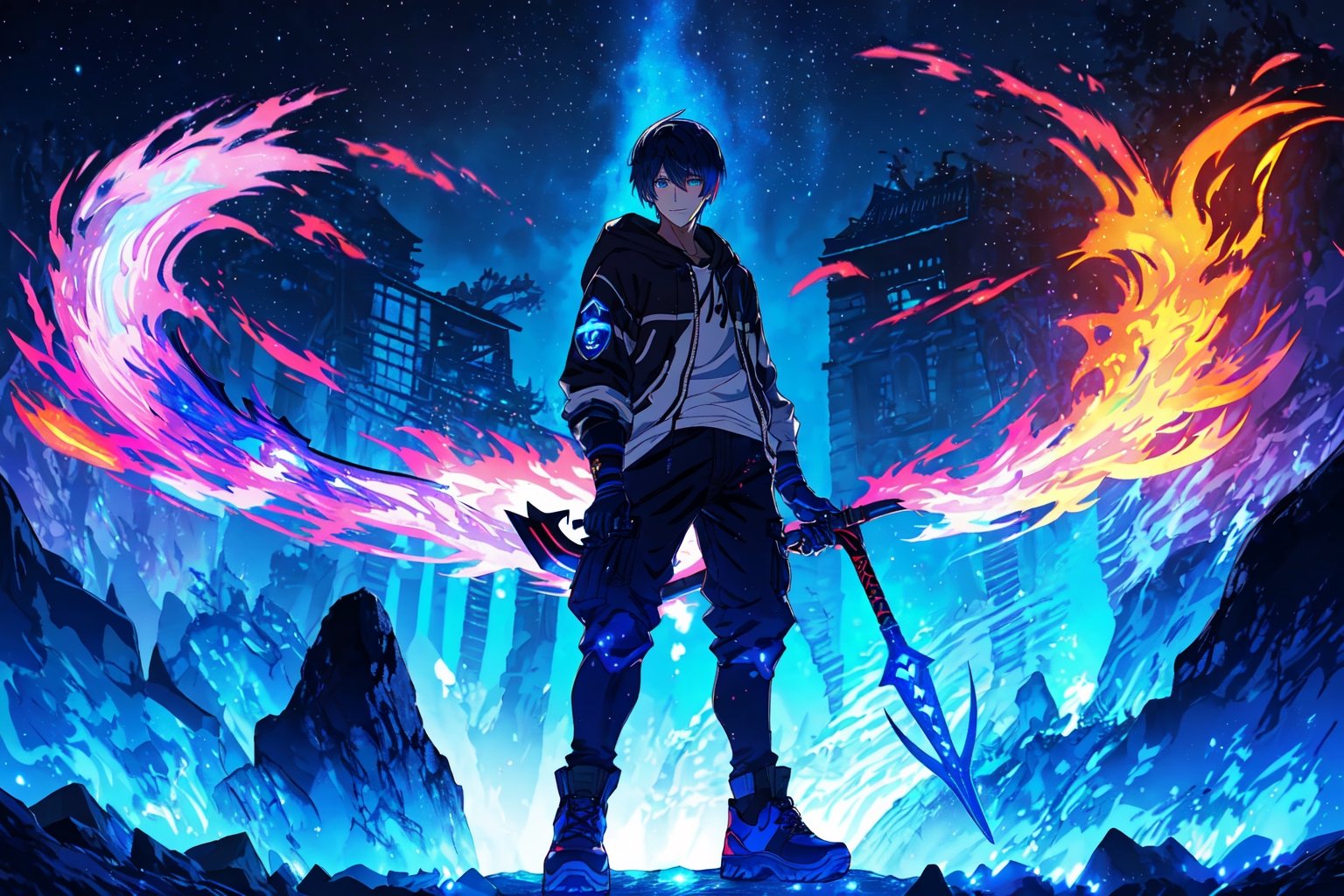 (master piece), vivid, male, 17 years old, blue pupils, wolfcut hair, multicolored hair, cyan bangs, white hoddies, cargo pants, black shoes, white gloves, white ring in middle finger right hand, black ring in middle finger lefthand, 2 white horns in head, dark skin, fire in the background, stars in the background, molten blue lava in thebackground, sixpack, lazy pose,weapon,midjourney, eyebags, fire blue scythe, smirk, mazda rx7
