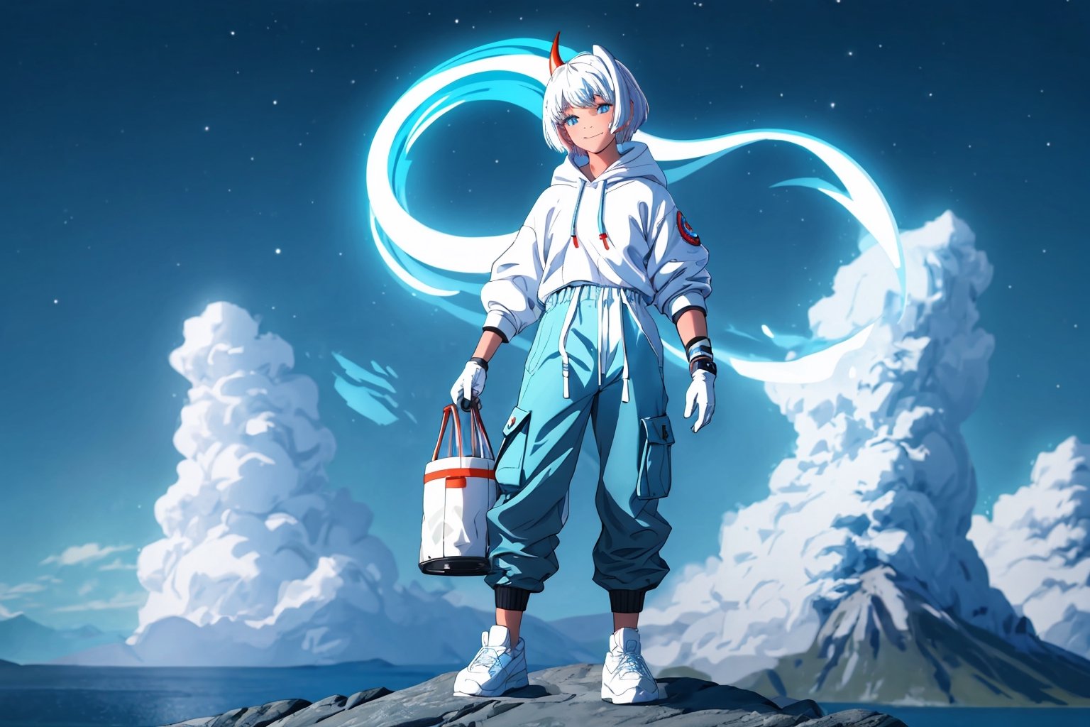 (master piece), vivid, manly, 20 years old, blue pupils, white wolf aura, wavi short hair,multicolor hair, cyan bangs, white hoddies, cargo pants, black shoes, white gloves, white ring in middle finger right hand, black ring in middle finger lefthand, 2 white horns in head,light chocolate skin, molten blue lava in the background, stars in the background, sixpack, smirk, lazy pose, white pillow, 