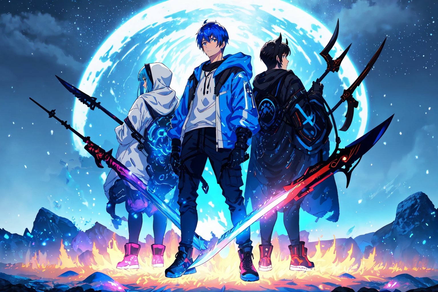 (master piece), vivid, masculine, male, 20 years old, blue pupils, wolfcut hair,multicolor hair, cyan bangs, white hoddies, cargo pants, black shoes, white gloves, white ring in middle finger right hand, black ring in middle finger lefthand, 2 white horns in head,chocolate skin, fire in the background, stars in the background, molten blue lava in thebackground, sixpack, lazy pose,weapon,midjourney, eyebags, fire blue scythe,