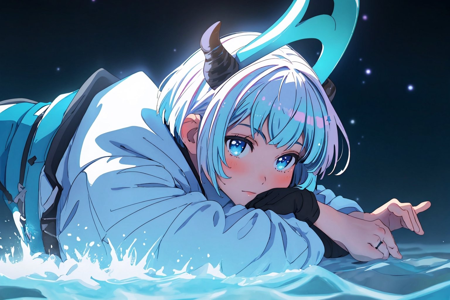 (master piece), vivid, manly, 20 years old, blue pupils, wavi short hair,multicolor hair, cyan bangs, white hoddies, cargo pants, black shoes, white gloves, white ring in middle finger right hand, black ring in middle finger lefthand, 2 white horns in head,light chocolate skin, molten blue lava in the background, stars in the background, sixpack, lazy pose, white pillow, 