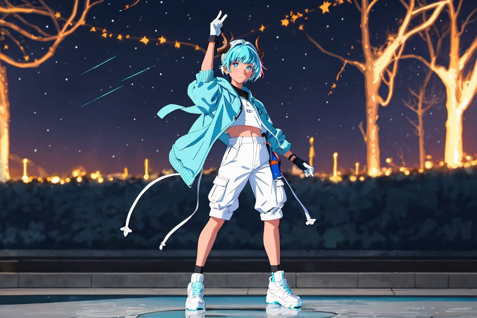 (master piece), vivid, masculine, 20 years old, blue pupils, curtaincut hair,multicolor hair, cyan bangs, white hoddies, cargo pants, black shoes, white gloves, white ring in middle finger right hand, black ring in middle finger lefthand, 2 white horns in head,light chocolate skin, fire in the background, stars in the background, sixpack, lazy pose